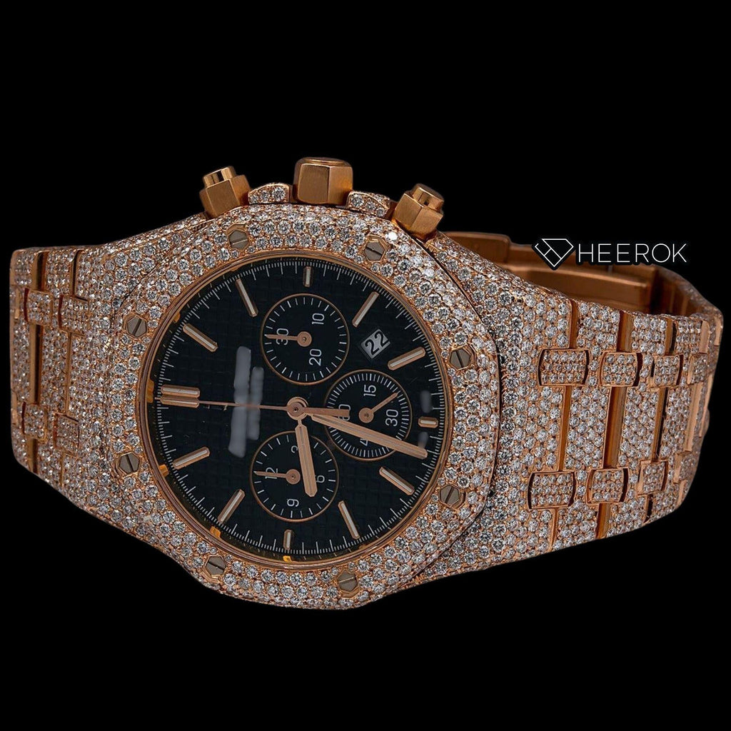 AP Royal Oak Chronograph Black Dial Stick Markers Diamond Bezel Fully Iced Out Rose Gold Moissanite Watch