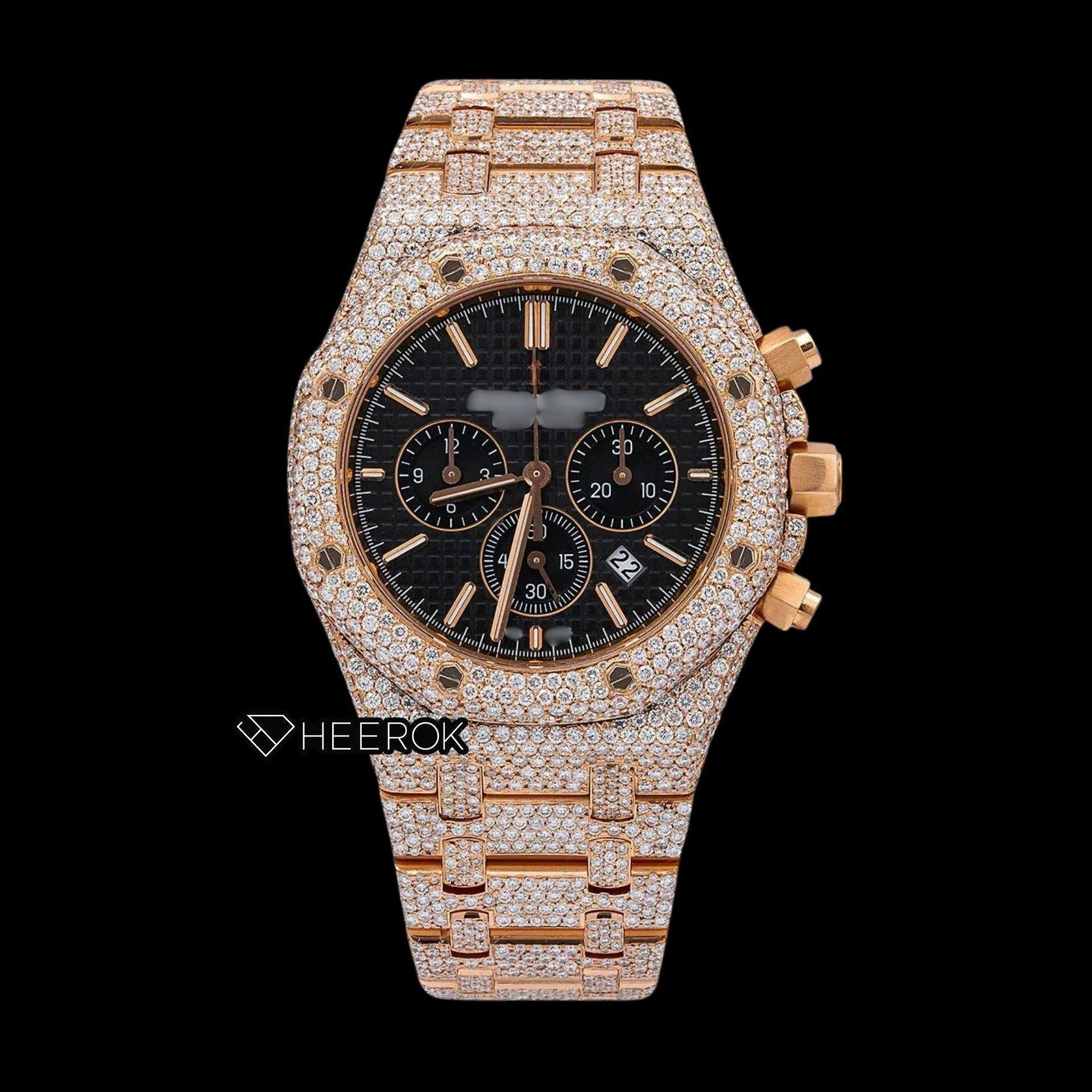 AP Royal Oak Chronograph Black Dial Stick Markers Diamond Bezel Fully Iced Out Rose Gold Moissanite Watch