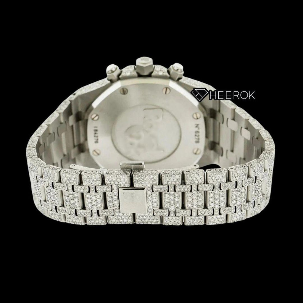 AP Royal Oak Chronograph Black Dial White Stick Markers Pave Diamond Bezel Fully Iced Out Moissanite Watch