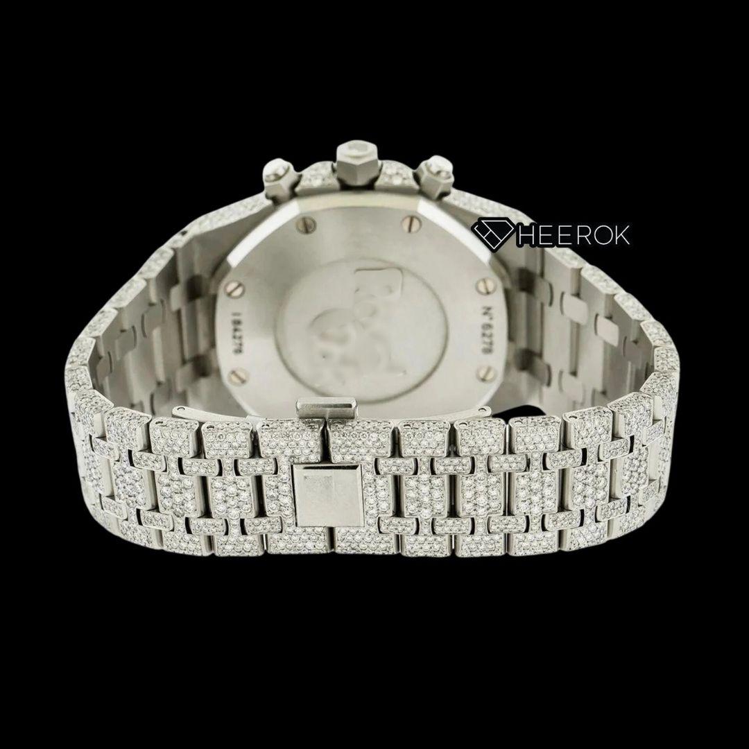 AP Royal Oak Chronograph Black Dial White Stick Markers Pave Diamond Bezel Fully Iced Out Moissanite Watch