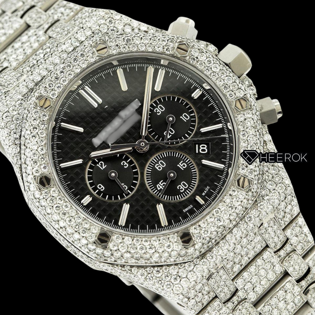 AP Royal Oak Chronograph Black Dial White Stick Markers Pave Diamond Bezel Fully Iced Out Moissanite Watch