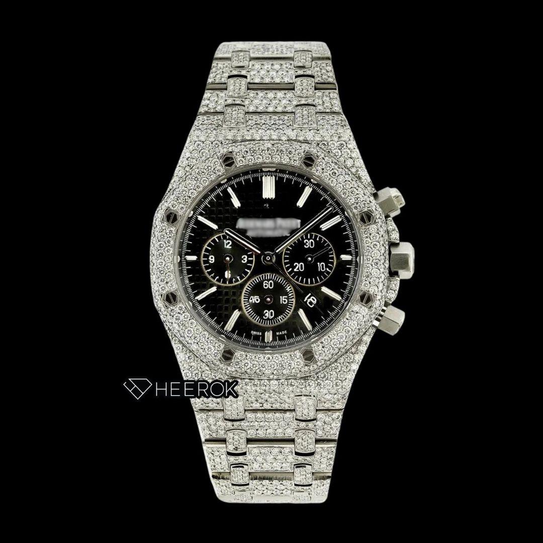 AP Royal Oak Chronograph Black Dial White Stick Markers Pave Diamond Bezel Fully Iced Out Moissanite Watch