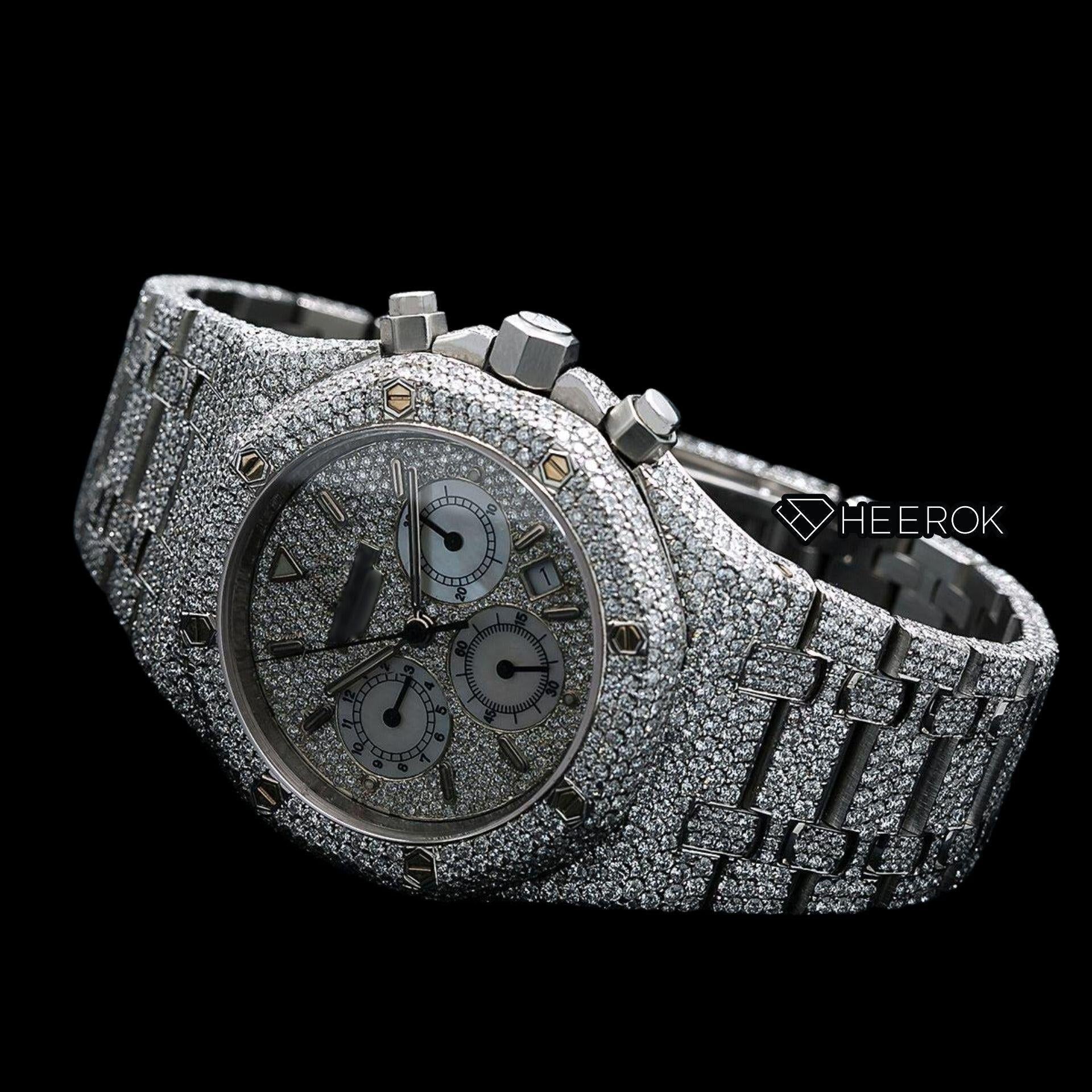 AP Royal Oak Chronograph Full Pave Diamond Dial Stick Markers Diamond Bezel Fully Iced Out Moissanite Watch