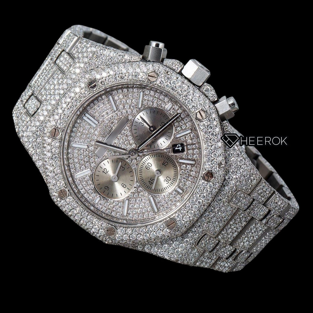 AP Royal Oak Chronograph Full Pave Diamond Dial White Stick Markers Diamond Bezel Fully Iced Out Moissanite Watch
