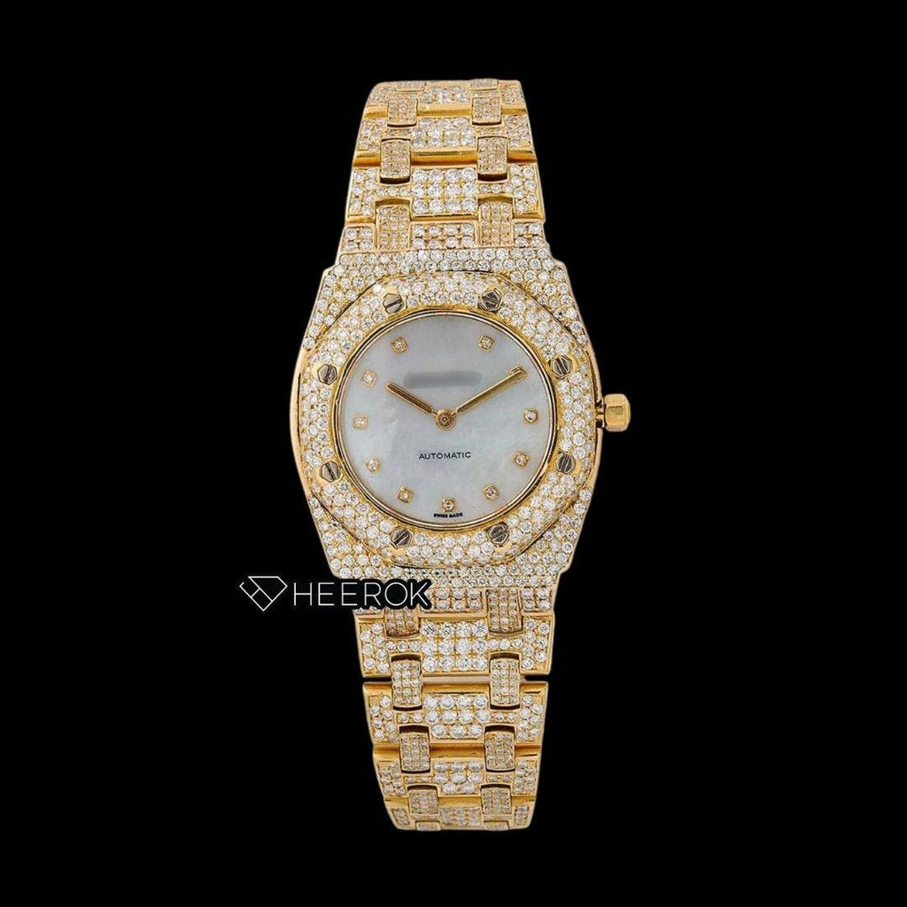 AP Royal Oak Diamond Markers White Dial Yellow Gold Diamond Bezel Fully Iced Out Yellow Gold Moissanite Watch For Women