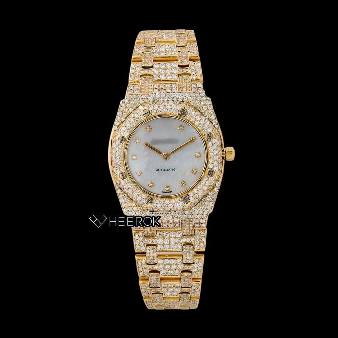 AP Royal Oak Diamond Markers White Dial Yellow Gold Diamond Bezel Fully Iced Out Yellow Gold Moissanite Watch For Women
