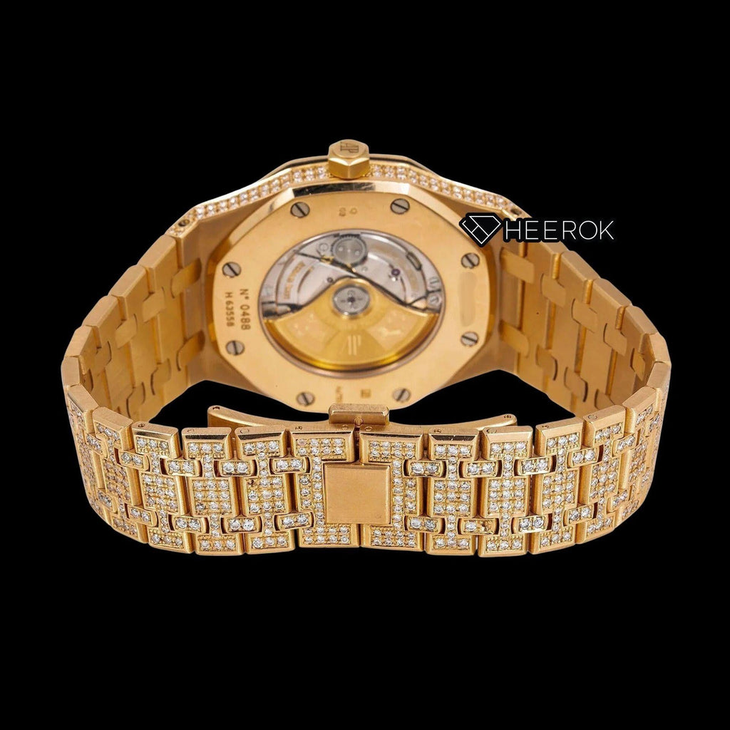 AP Royal Oak Full Pave Diamond Dial Black Arabic Numerals Large Round Diamond Bezel Fully Iced Yellow Gold Moissanite Watch