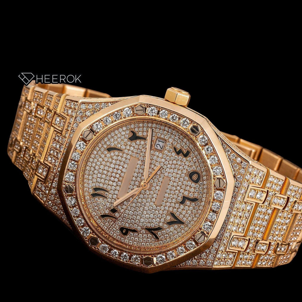 AP Royal Oak Full Pave Diamond Dial Black Arabic Numerals Large Round Diamond Bezel Fully Iced Yellow Gold Moissanite Watch