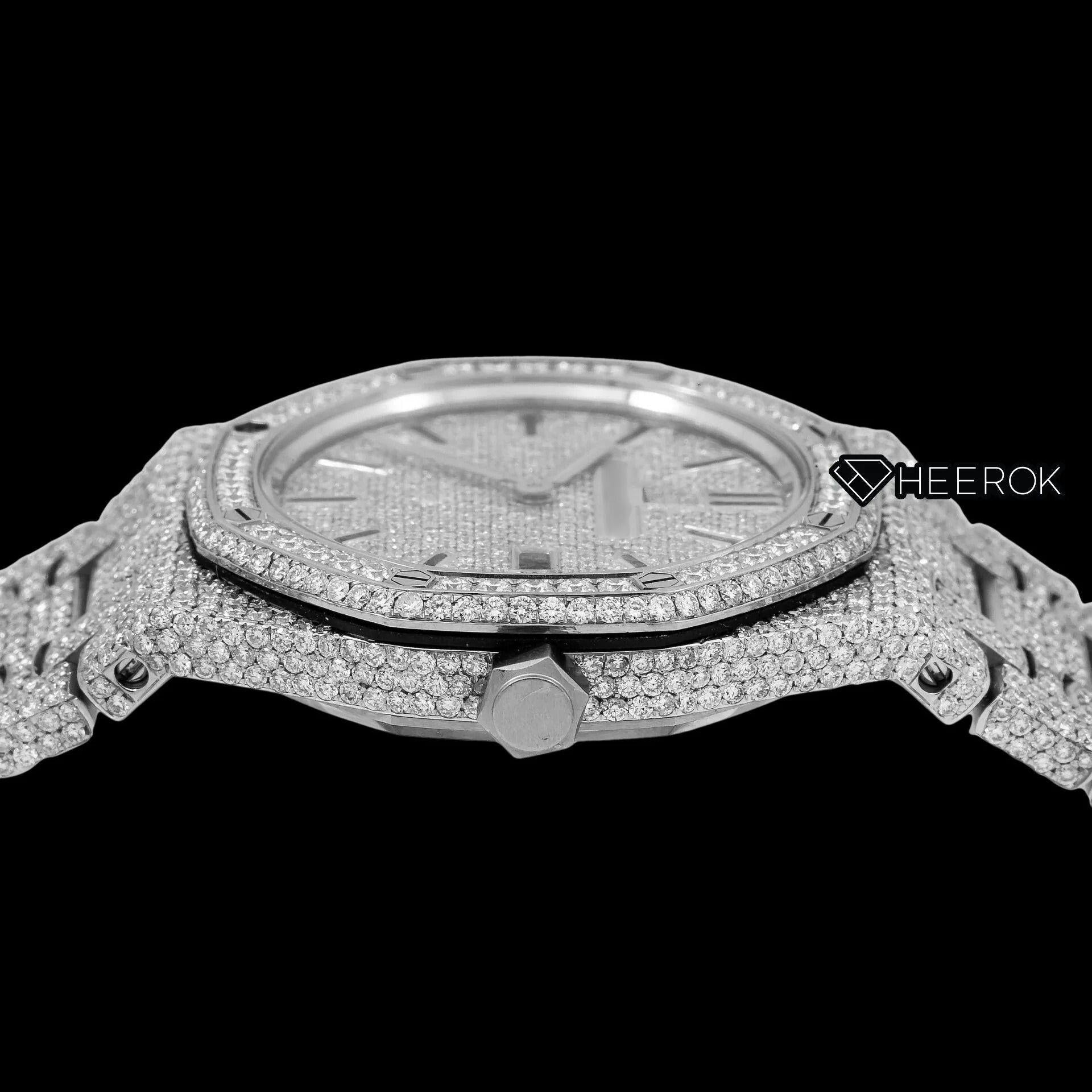 AP Royal Oak Full Pave Diamond Dial Black Stick Markers Diamond Bezel Fully Iced Out Moissanite Watch For Women