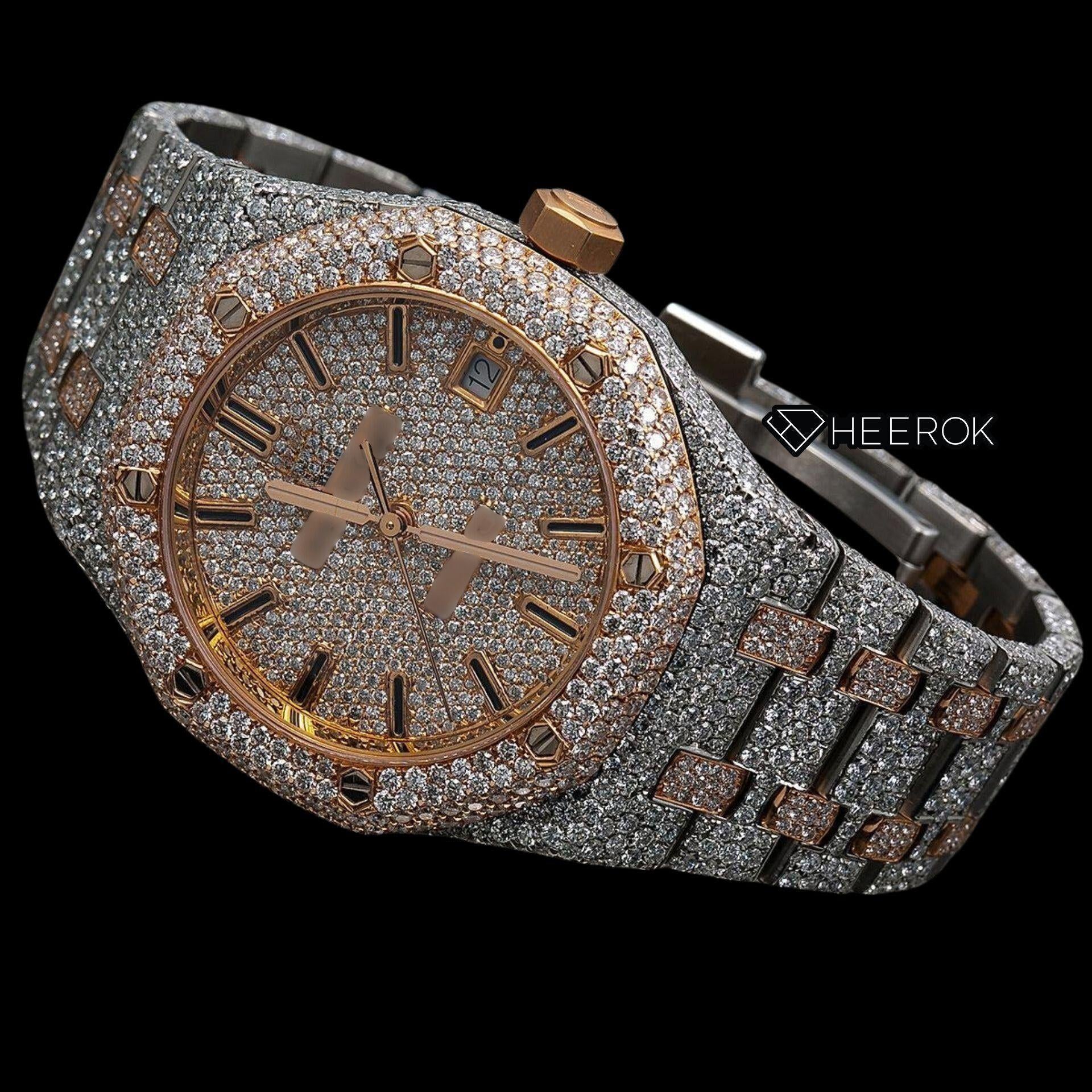 AP Royal Oak Full Pave Diamond Dial Black Stick Markers Rose Gold Diamond Bezel Two Tone Fully Iced Out Moissanite Watch For Women