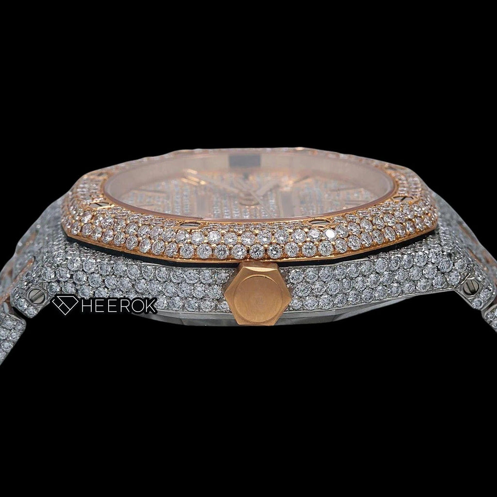 AP Royal Oak Full Pave Diamond Dial Black Stick Markers Rose Gold Diamond Bezel Two Tone Fully Iced Out Moissanite Watch For Women