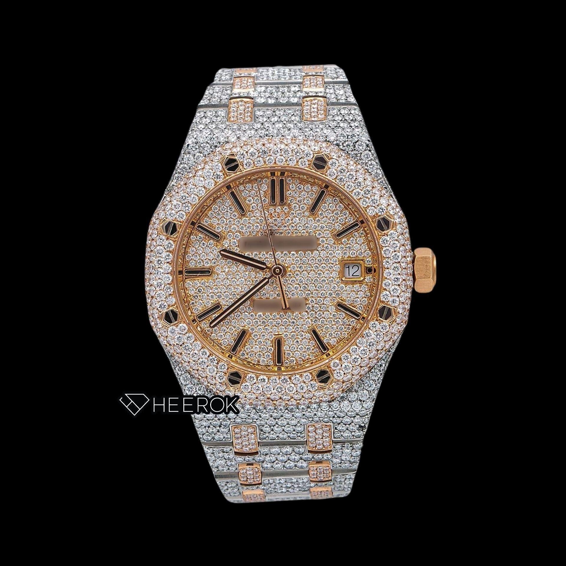AP Royal Oak Full Pave Diamond Dial Black Stick Markers Rose Gold Diamond Bezel Two Tone Fully Iced Out Moissanite Watch For Women