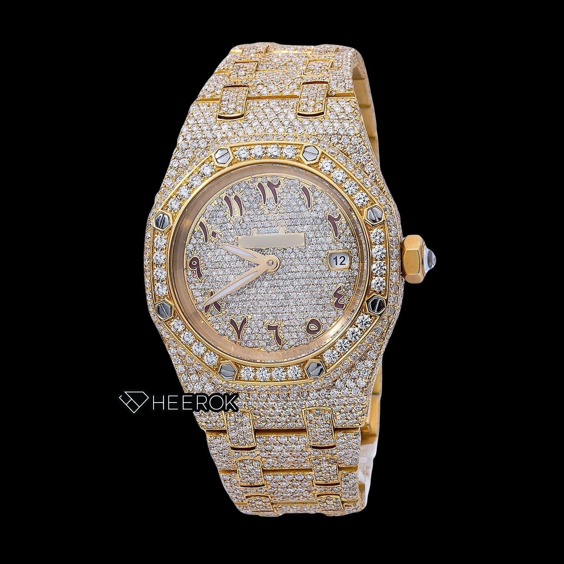 AP Royal Oak Full Pave Diamond Dial Brown Arabic Numerals Diamond Bezel Yellow Gold Fully Iced Out Moissanite Watch For Women