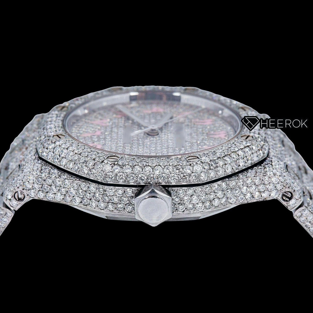AP Royal Oak Full Pave Diamond Dial Pink Arabic Numerals Diamond Bezel Moissanite Diamond Watch