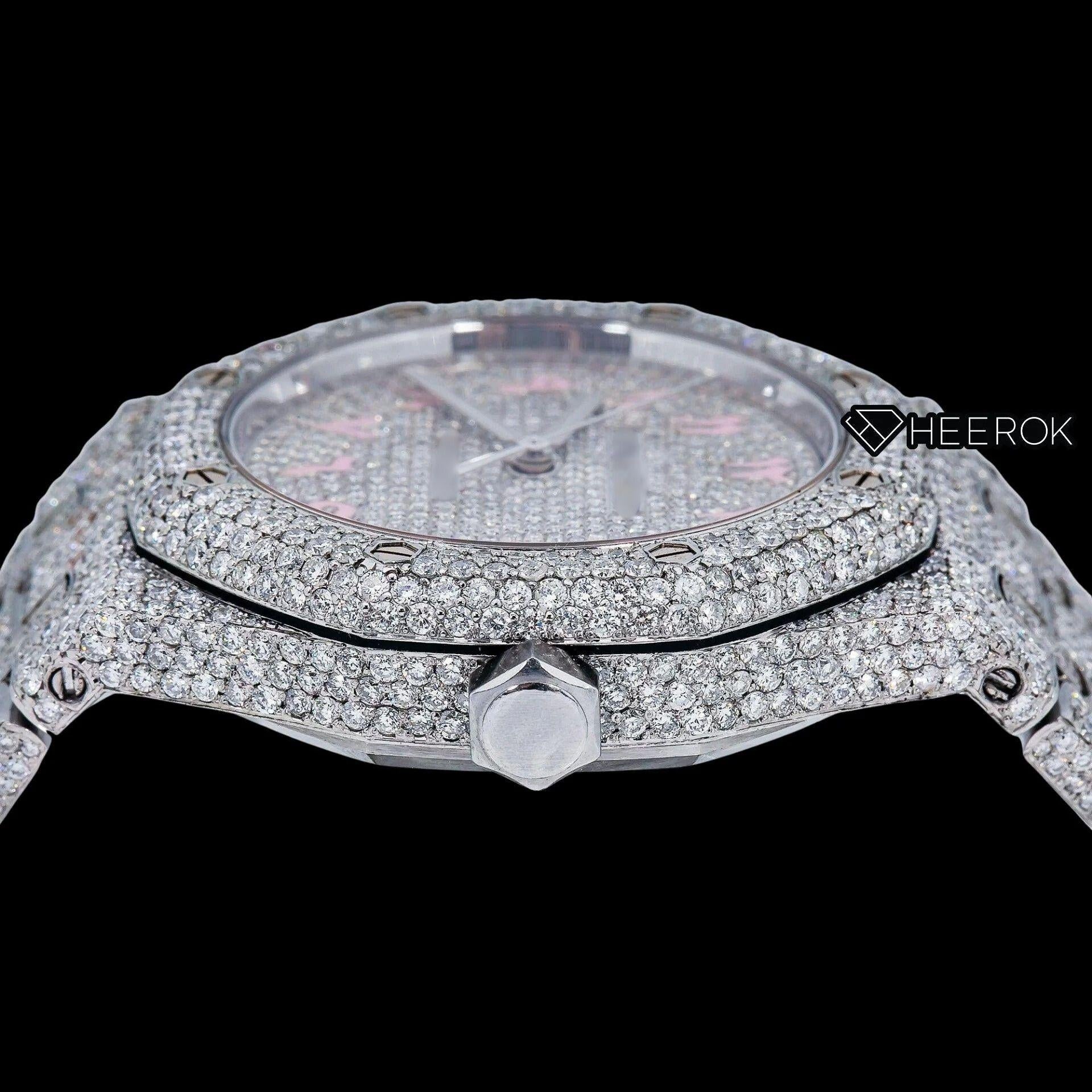 AP Royal Oak Full Pave Diamond Dial Pink Arabic Numerals Diamond Bezel Moissanite Diamond Watch