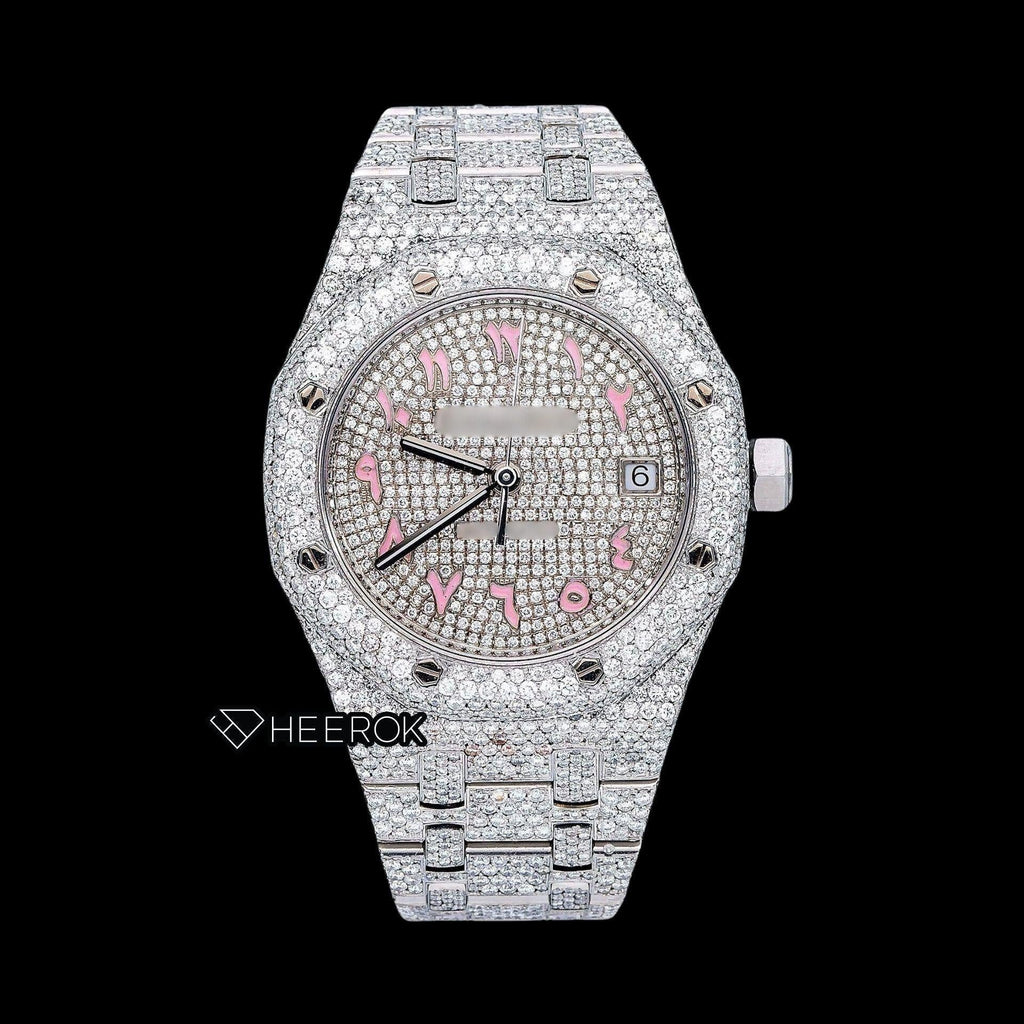 AP Royal Oak Full Pave Diamond Dial Pink Arabic Numerals Diamond Bezel Moissanite Diamond Watch