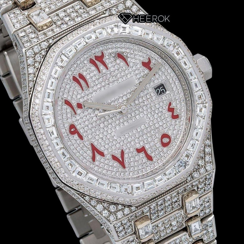 AP Royal Oak Full Pave Diamond Dial Red Arabic Numerals Baguette Diamond Bezel Fully Iced Out Moissanite Watch