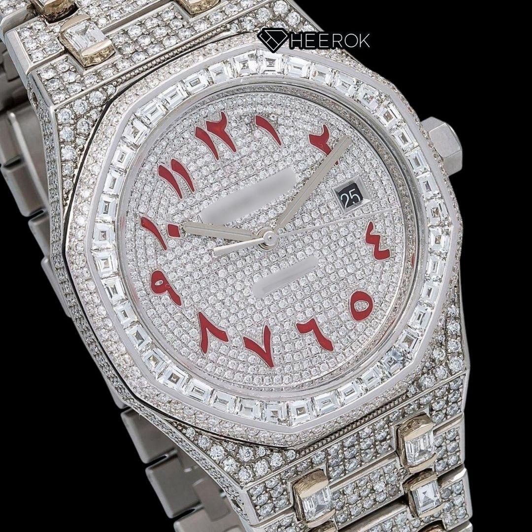 AP Royal Oak Full Pave Diamond Dial Red Arabic Numerals Baguette Diamond Bezel Fully Iced Out Moissanite Watch