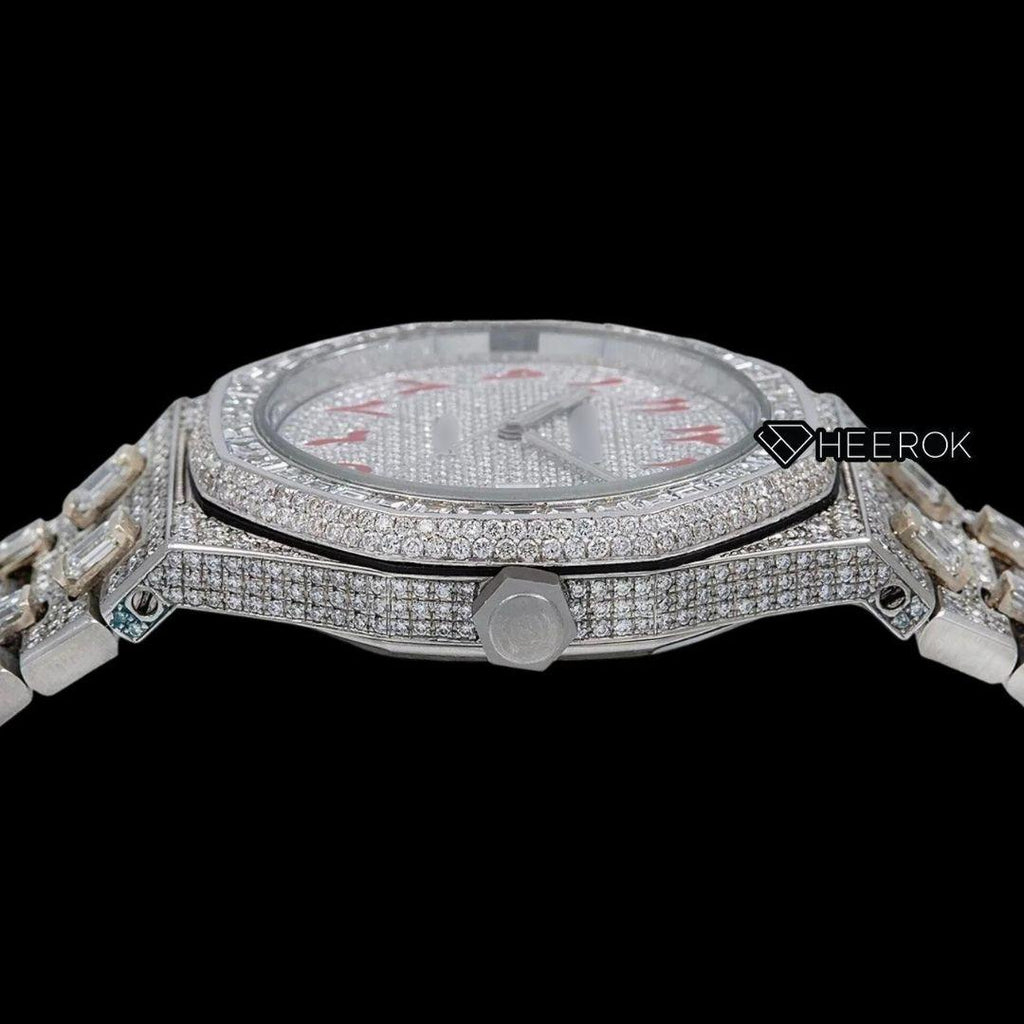 AP Royal Oak Full Pave Diamond Dial Red Arabic Numerals Baguette Diamond Bezel Fully Iced Out Moissanite Watch