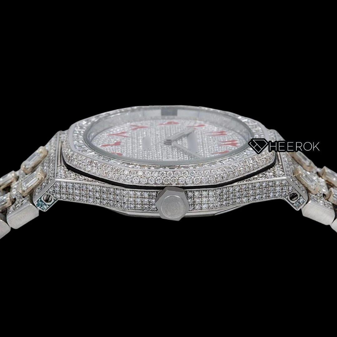 AP Royal Oak Full Pave Diamond Dial Red Arabic Numerals Baguette Diamond Bezel Fully Iced Out Moissanite Watch