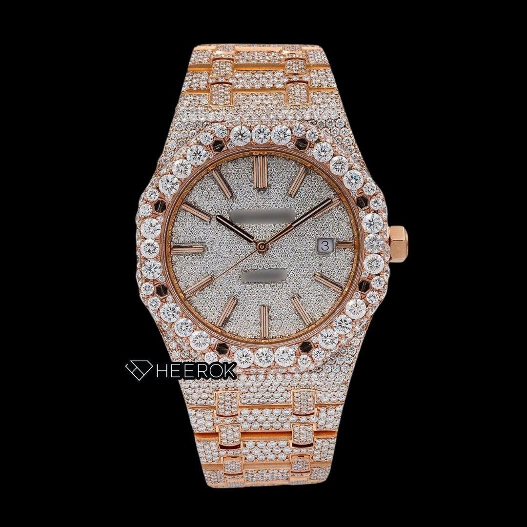 AP Royal Oak Full Pave Diamond Dial Stick Markers Large Round Diamond Rose Gold Bezel Fully Iced Out Rose Gold Moissanite Watch
