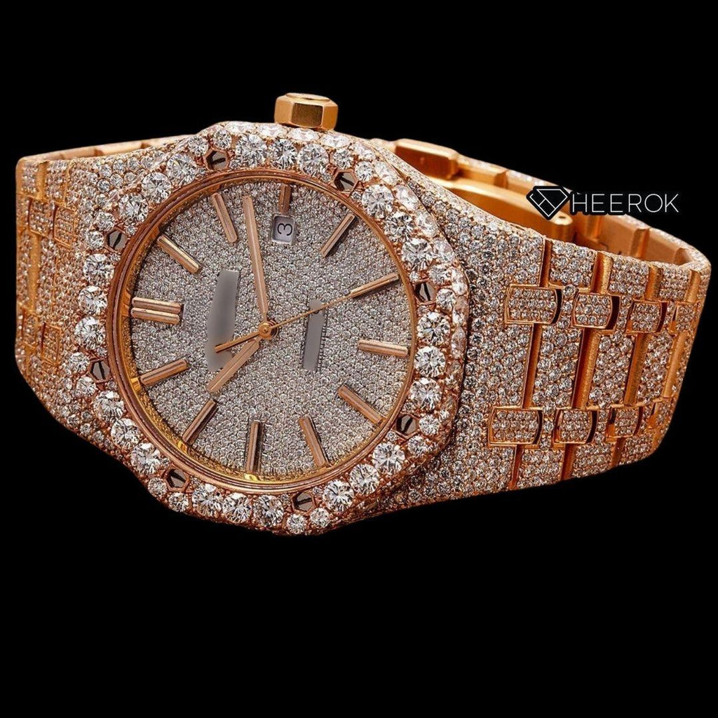 AP Royal Oak Full Pave Diamond Dial Stick Markers Large Round Diamond Rose Gold Bezel Fully Iced Out Rose Gold Moissanite Watch