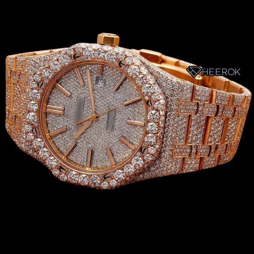 AP Royal Oak Full Pave Diamond Dial Stick Markers Large Round Diamond Rose Gold Bezel Fully Iced Out Rose Gold Moissanite Watch