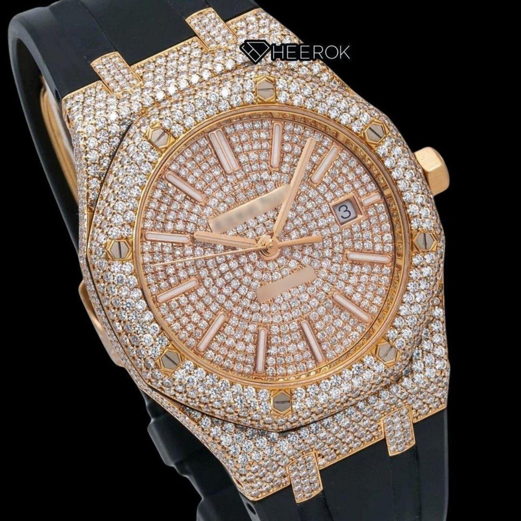 AP Royal Oak Full Pave Diamond Dial Stick Markers Rose Gold Diamond Bezel Black Rubber Strap Semi Iced Out Moissanite Watch