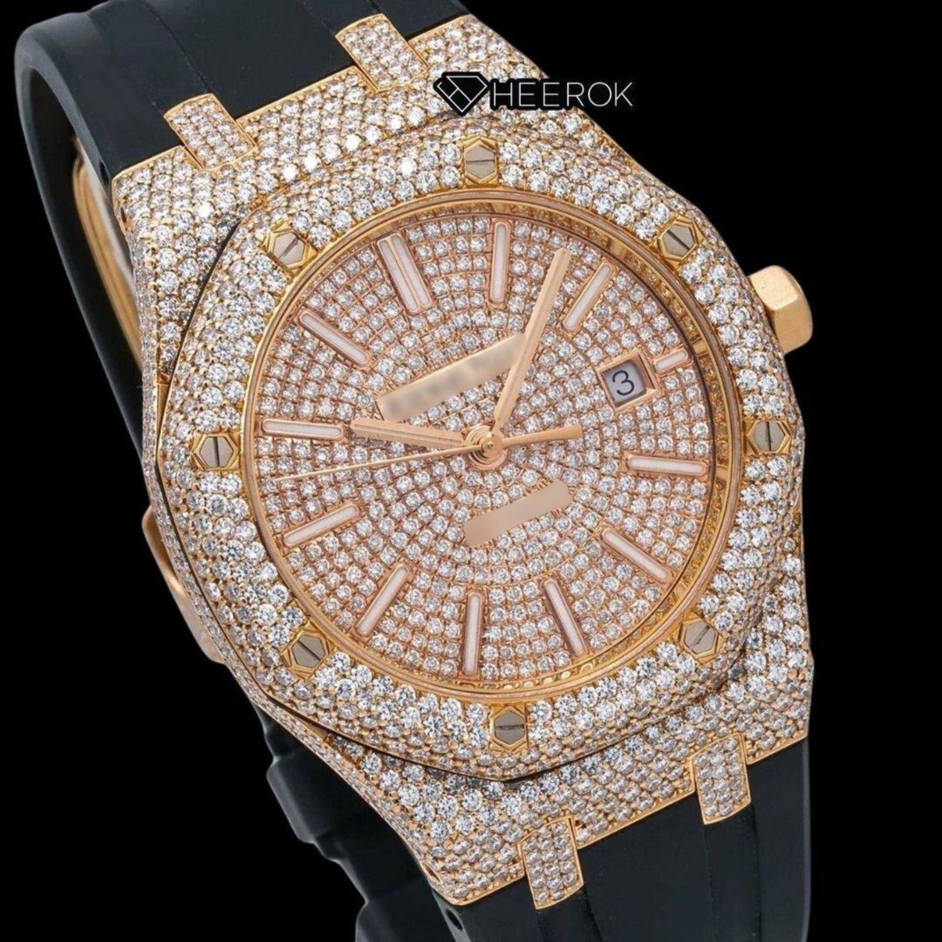AP Royal Oak Full Pave Diamond Dial Stick Markers Rose Gold Diamond Bezel Black Rubber Strap Semi Iced Out Moissanite Watch