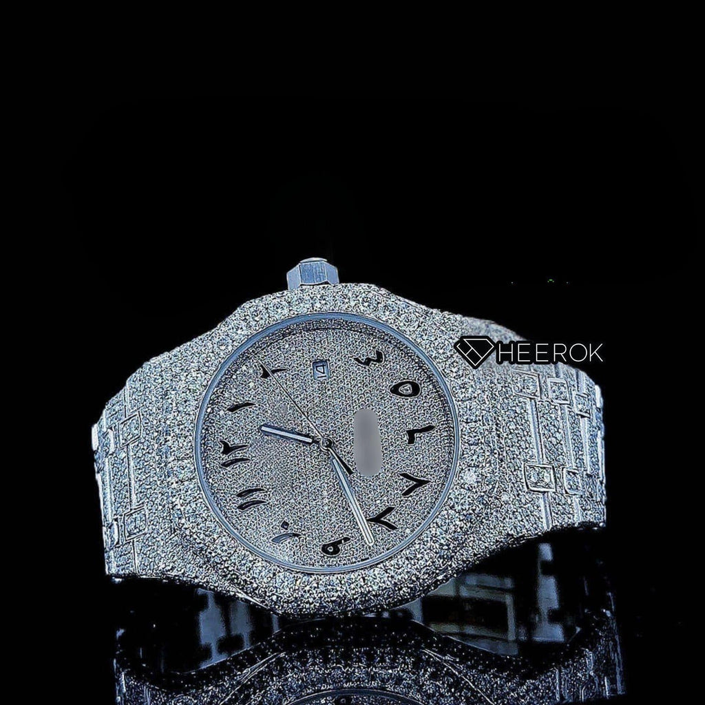 AP Royal Oak Fully Iced Out White Dial Arabic Numerals Diamond Bezel Moissanite Diamond Bracelet