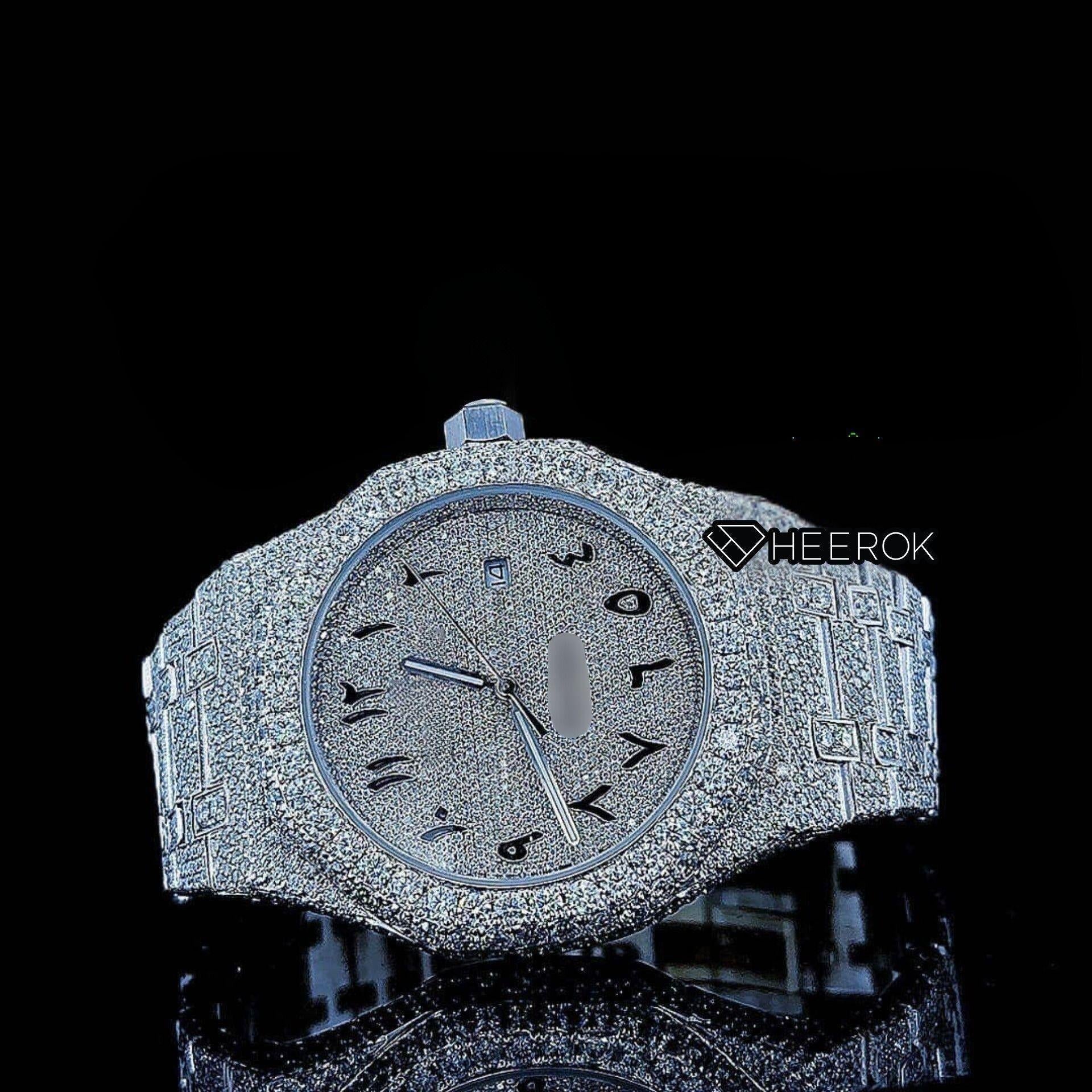 AP Royal Oak Fully Iced Out White Dial Arabic Numerals Diamond Bezel Moissanite Diamond Bracelet