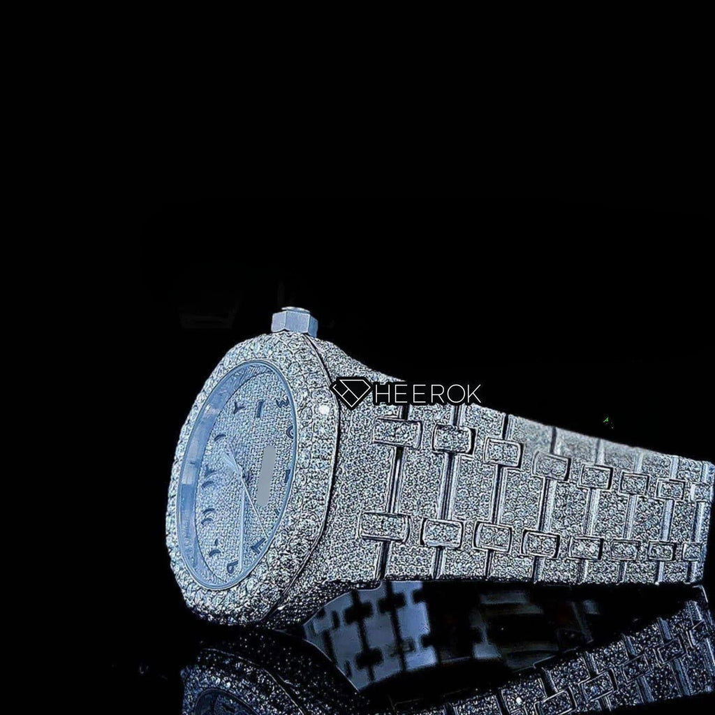 AP Royal Oak Fully Iced Out White Dial Arabic Numerals Diamond Bezel Moissanite Diamond Bracelet
