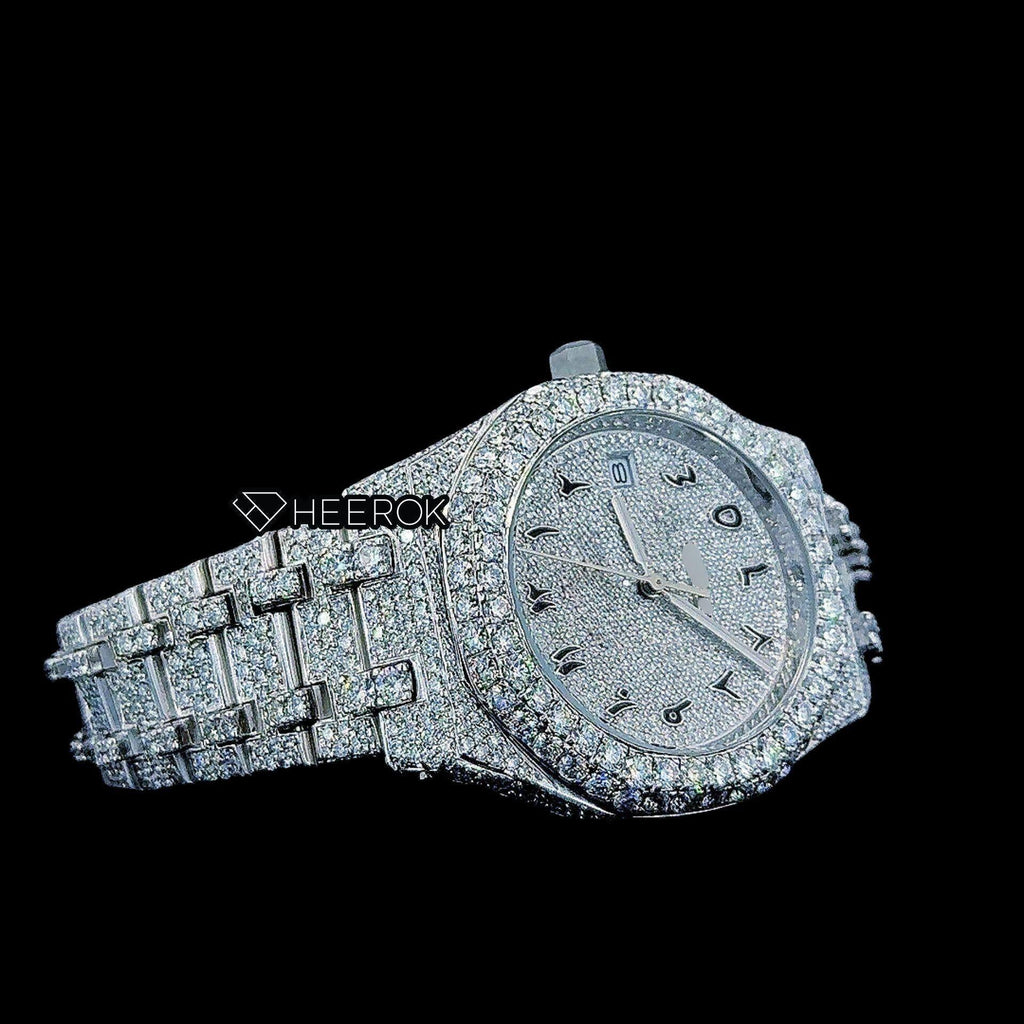 AP Royal Oak Fully Iced Out White Dial Black Arabic Numerals Diamond Bezel Moissanite Diamond Bracelet