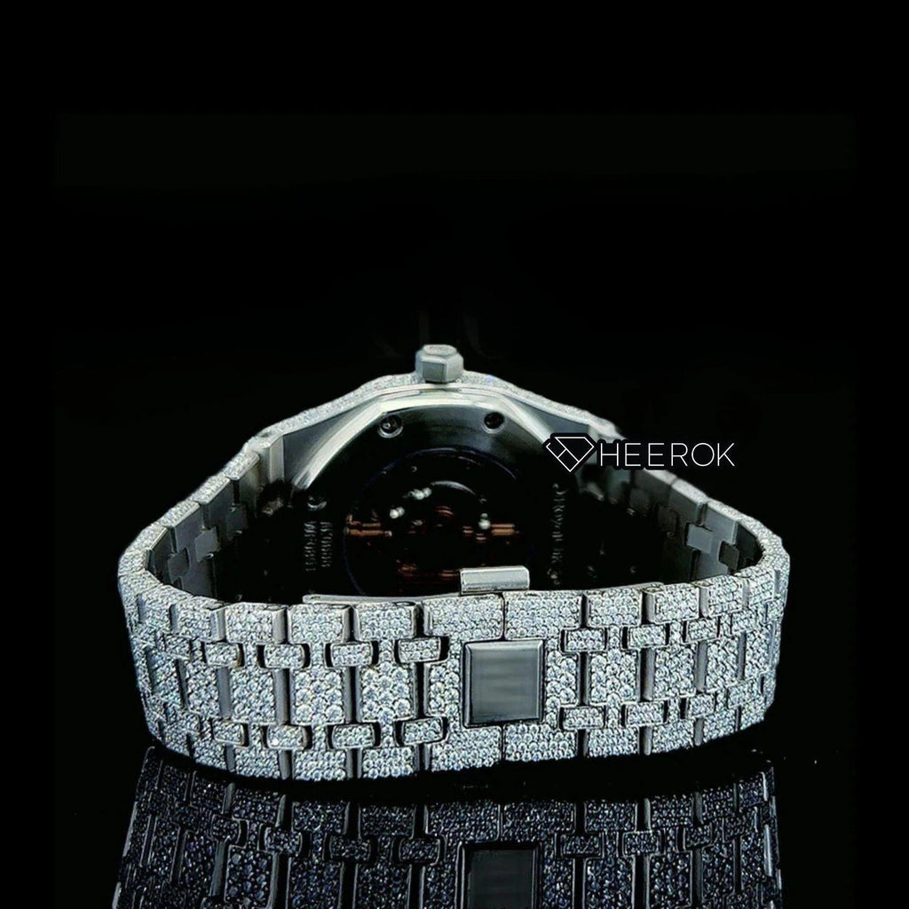 AP Royal Oak Fully Iced Out White Dial Black Stick Markers Diamond Bezel Moissanite Diamond Bracelet