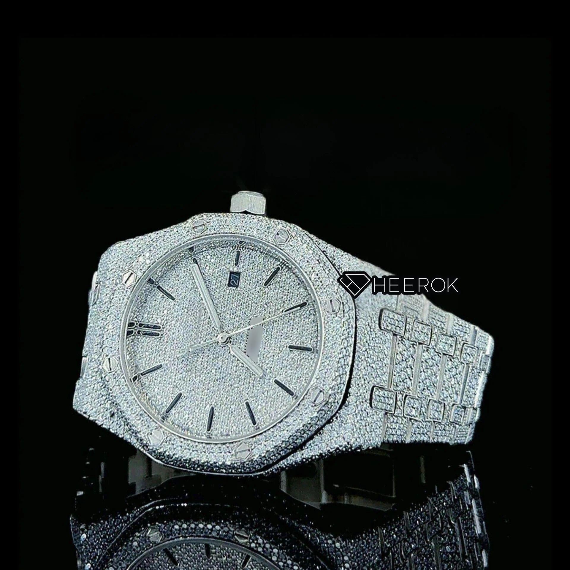 AP Royal Oak Fully Iced Out White Dial Black Stick Markers Diamond Bezel Moissanite Diamond Bracelet
