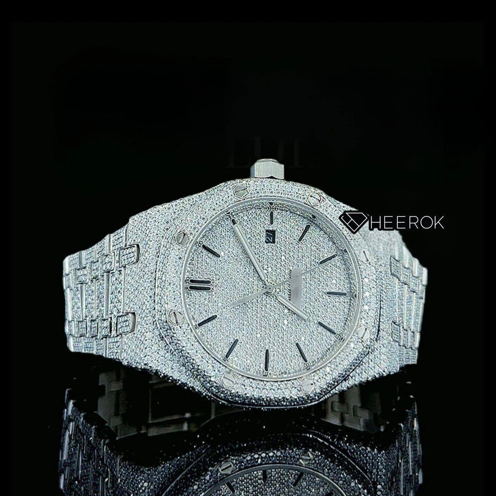 AP Royal Oak Fully Iced Out White Dial Black Stick Markers Diamond Bezel Moissanite Diamond Bracelet
