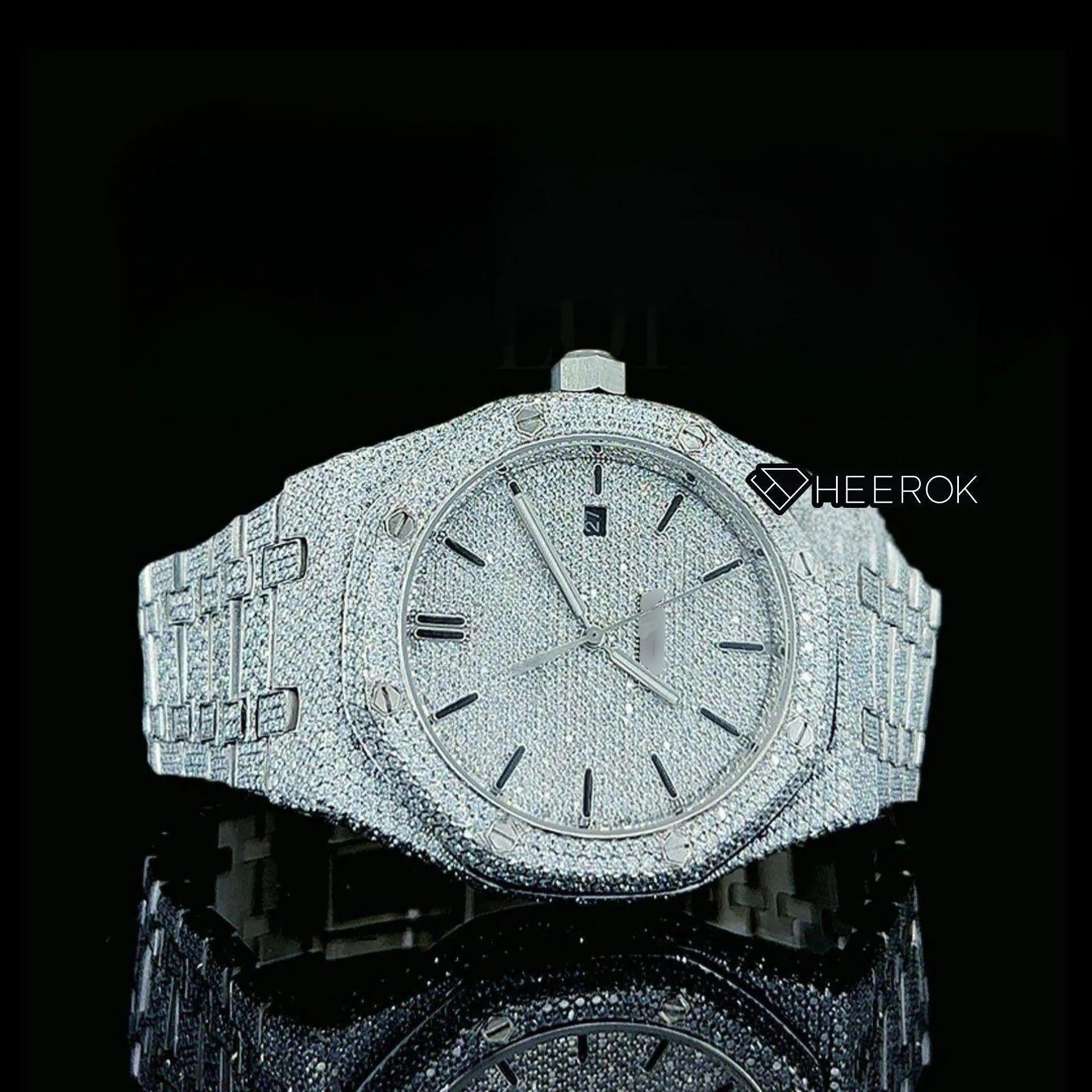 AP Royal Oak Fully Iced Out White Dial Black Stick Markers Diamond Bezel Moissanite Diamond Bracelet