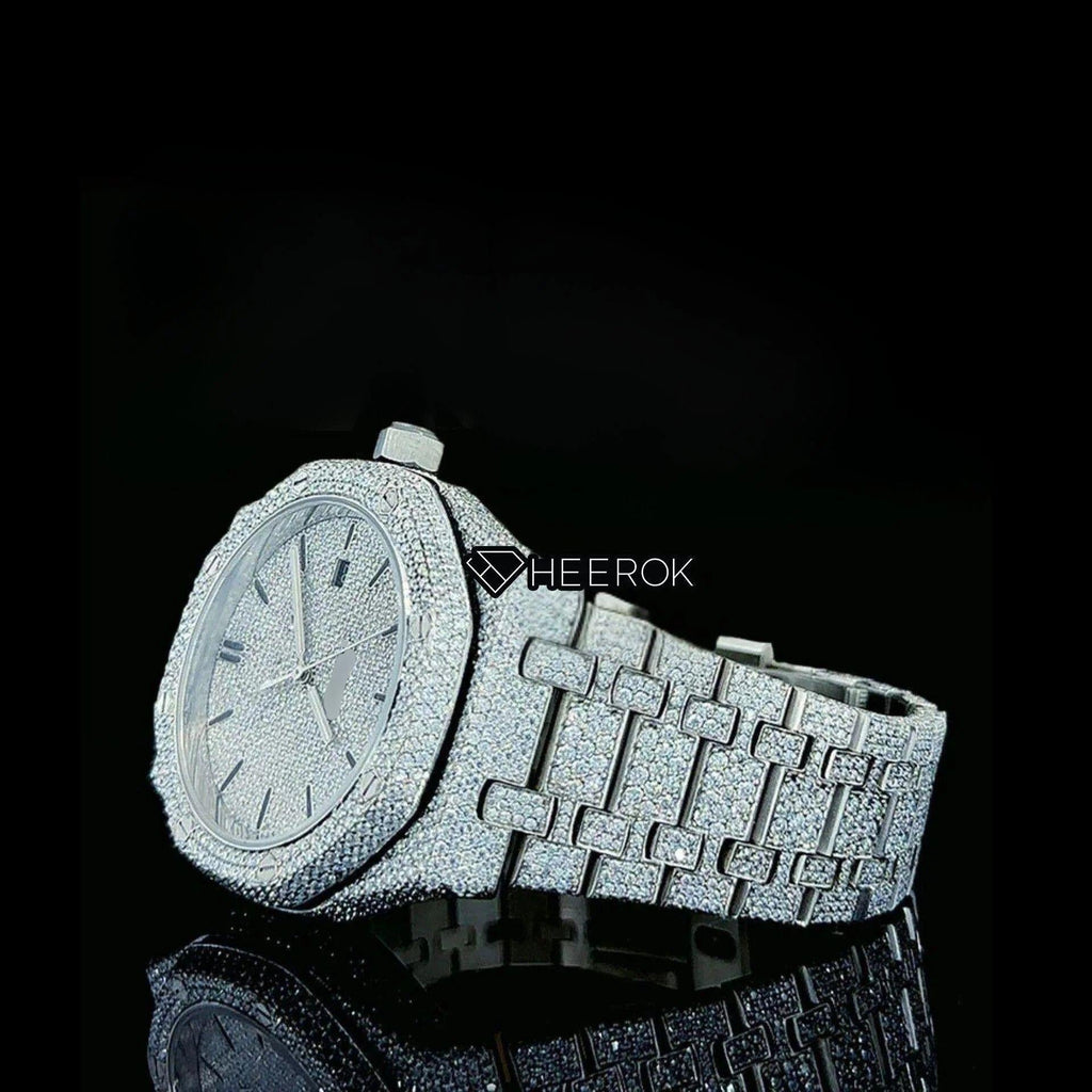 AP Royal Oak Fully Iced Out White Dial Black Stick Markers Diamond Bezel Moissanite Diamond Bracelet