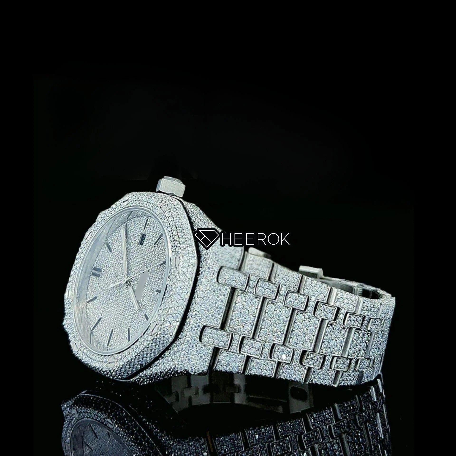 AP Royal Oak Fully Iced Out White Dial Black Stick Markers Diamond Bezel Moissanite Diamond Bracelet