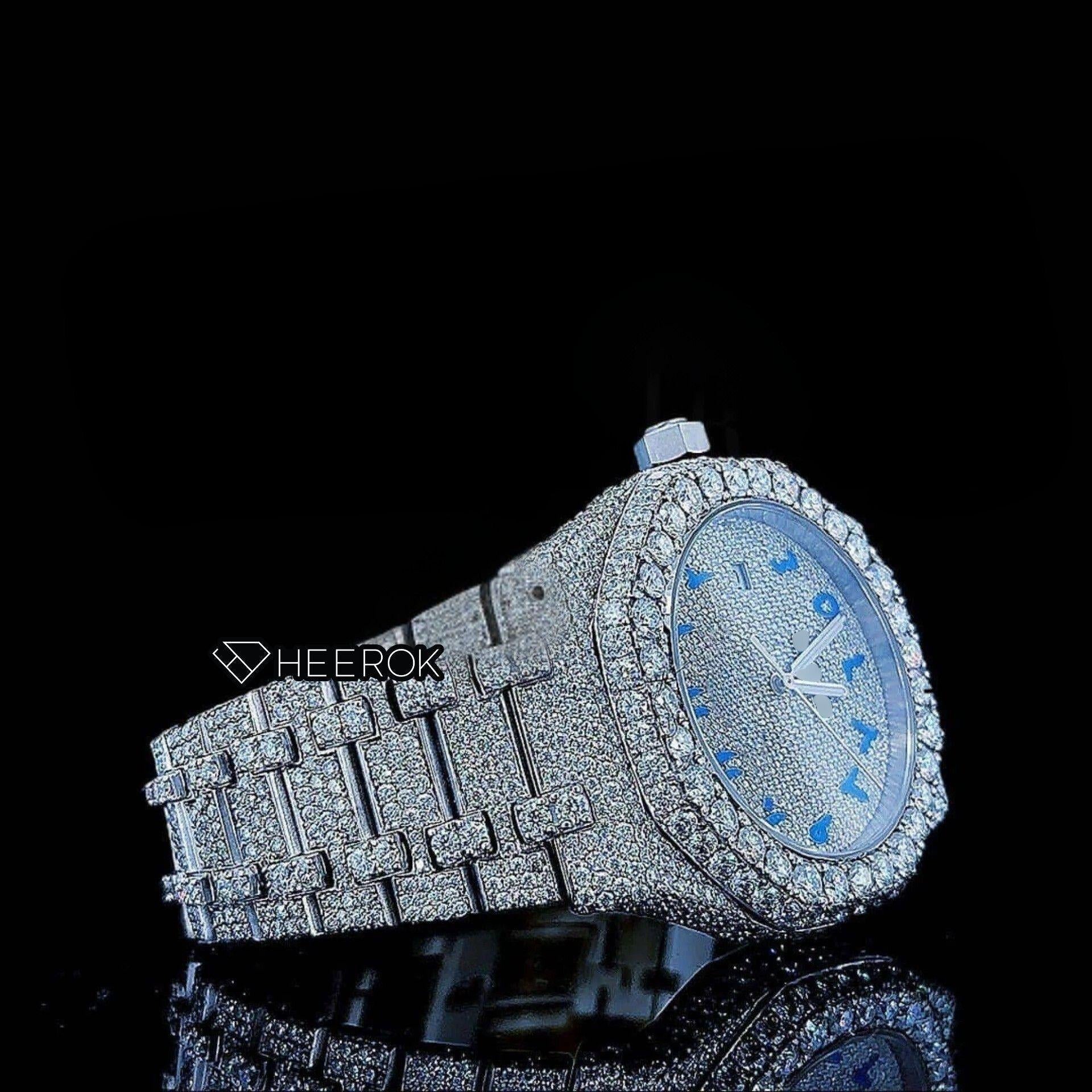 AP Royal Oak Fully Iced Out White Dial Blue Arabic Numerals Diamond Bezel Moissanite Diamond Bracelet