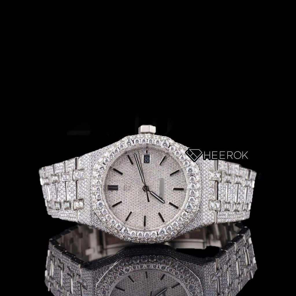 AP Royal Oak Fully Iced Out White Dial Stick Markers Diamond Bezel Moissanite Diamond Bracelet
