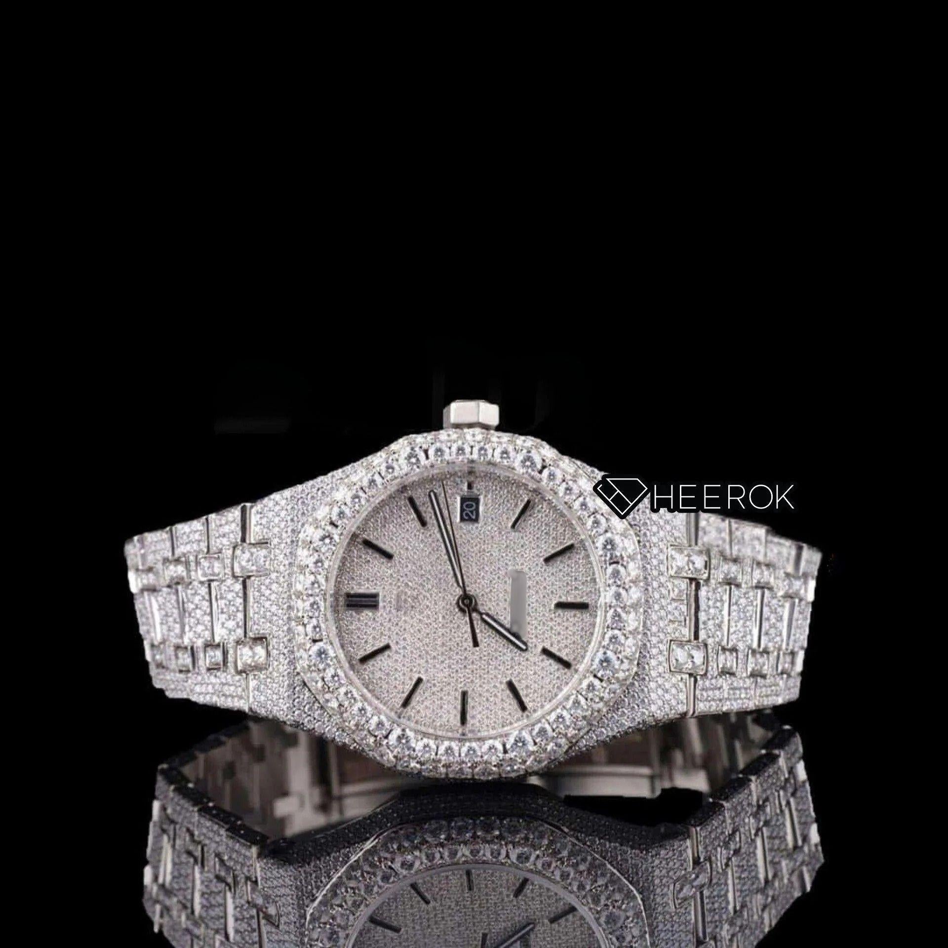 AP Royal Oak Fully Iced Out White Dial Stick Markers Diamond Bezel Moissanite Diamond Bracelet