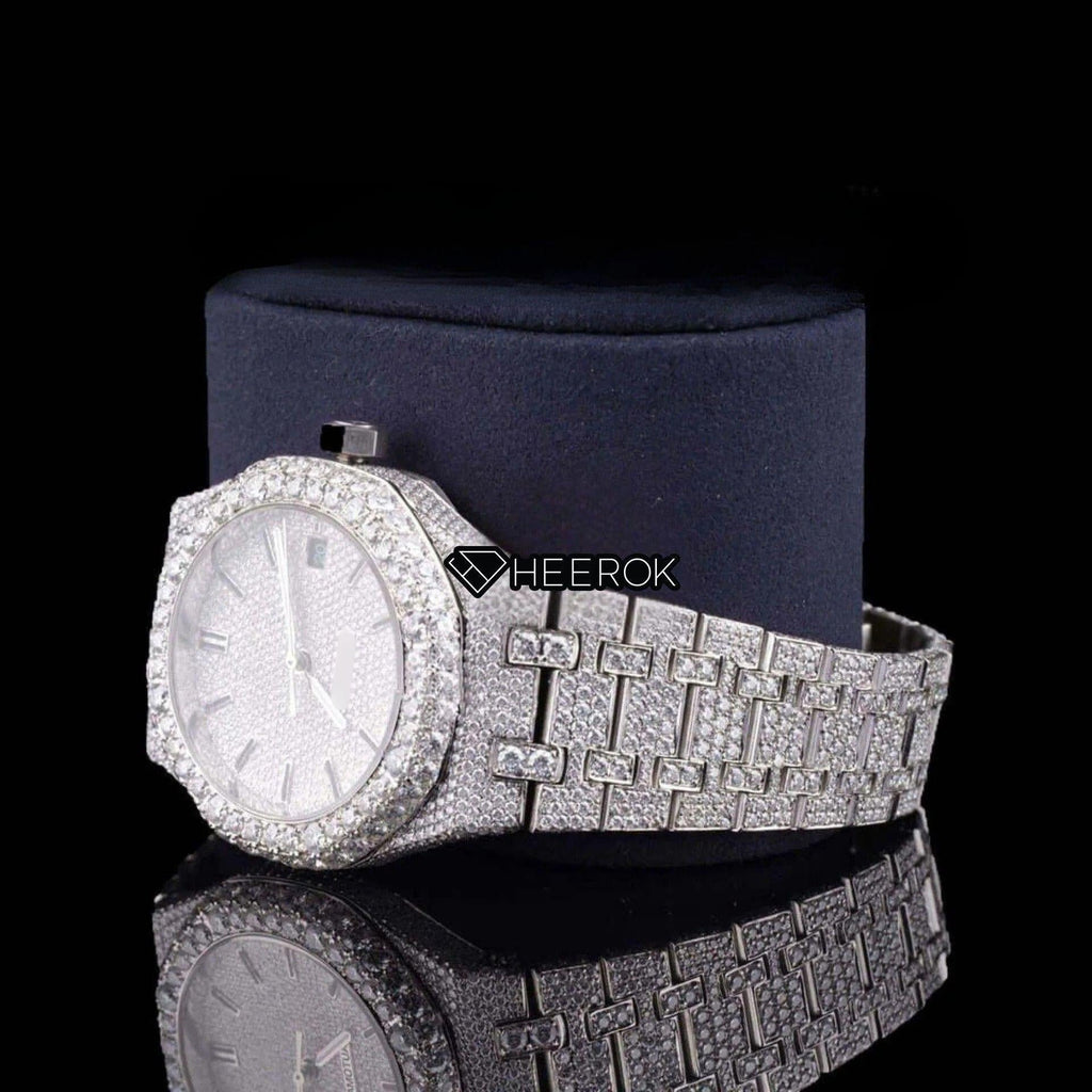 AP Royal Oak Fully Iced Out White Dial Stick Markers Diamond Bezel Moissanite Diamond Bracelet