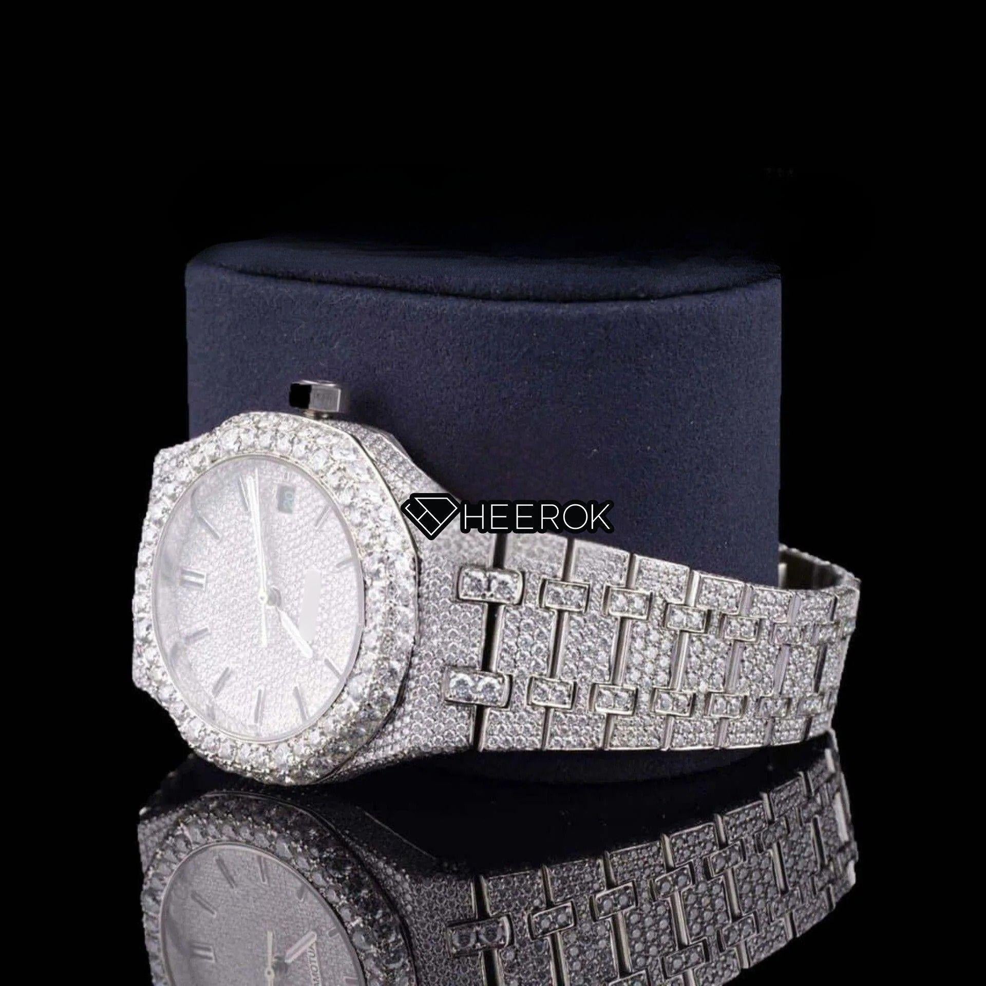 AP Royal Oak Fully Iced Out White Dial Stick Markers Diamond Bezel Moissanite Diamond Bracelet
