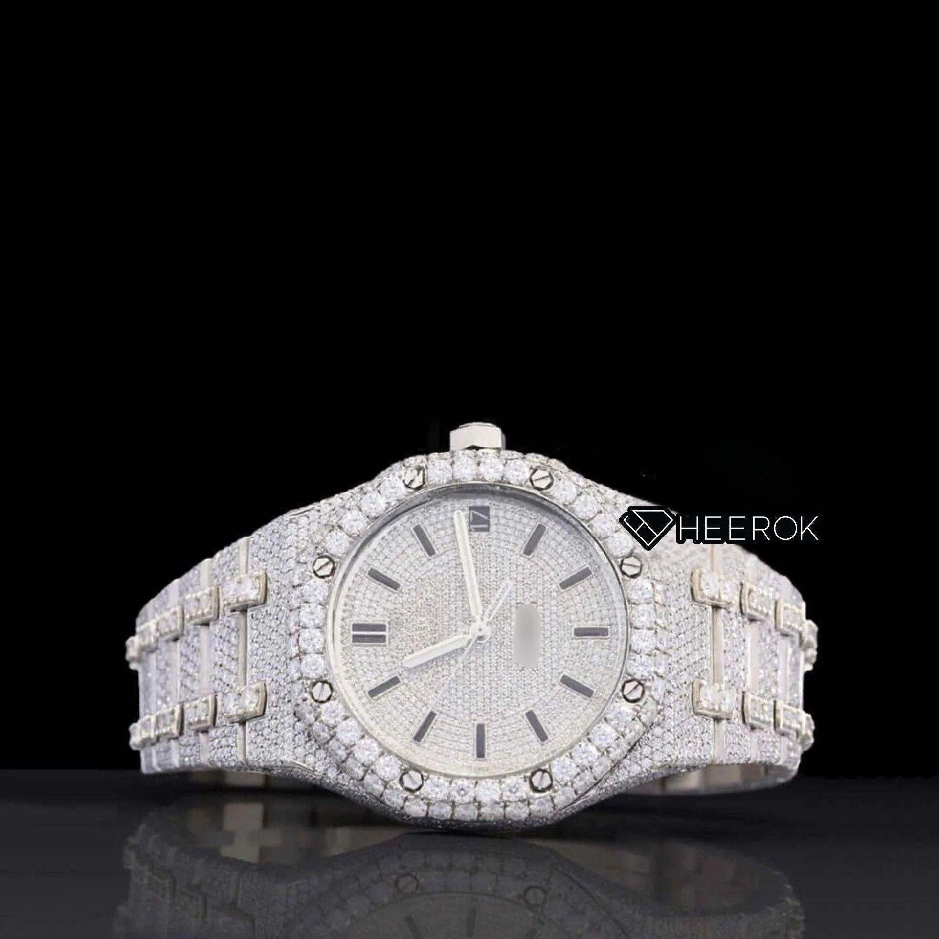 AP Royal Oak Fully Iced Out White Dial Stick Markers Large Round Diamond Bezel Moissanite Diamond