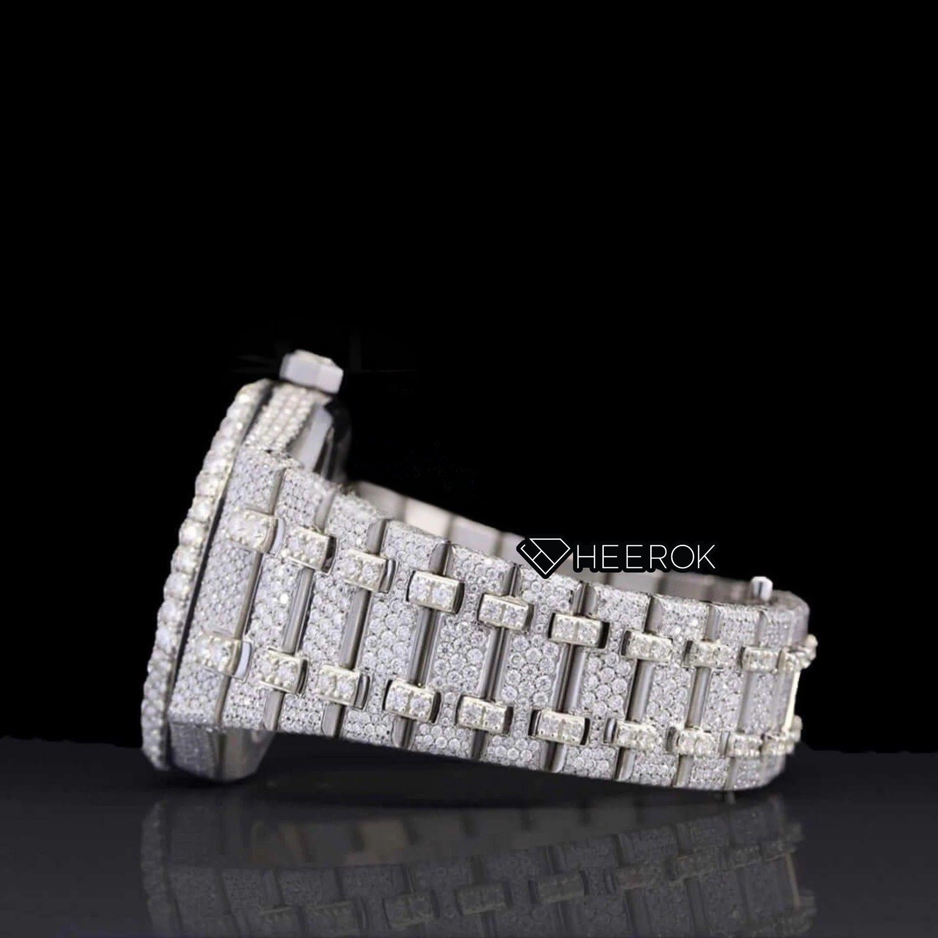AP Royal Oak Fully Iced Out White Dial Stick Markers Large Round Diamond Bezel Moissanite Diamond