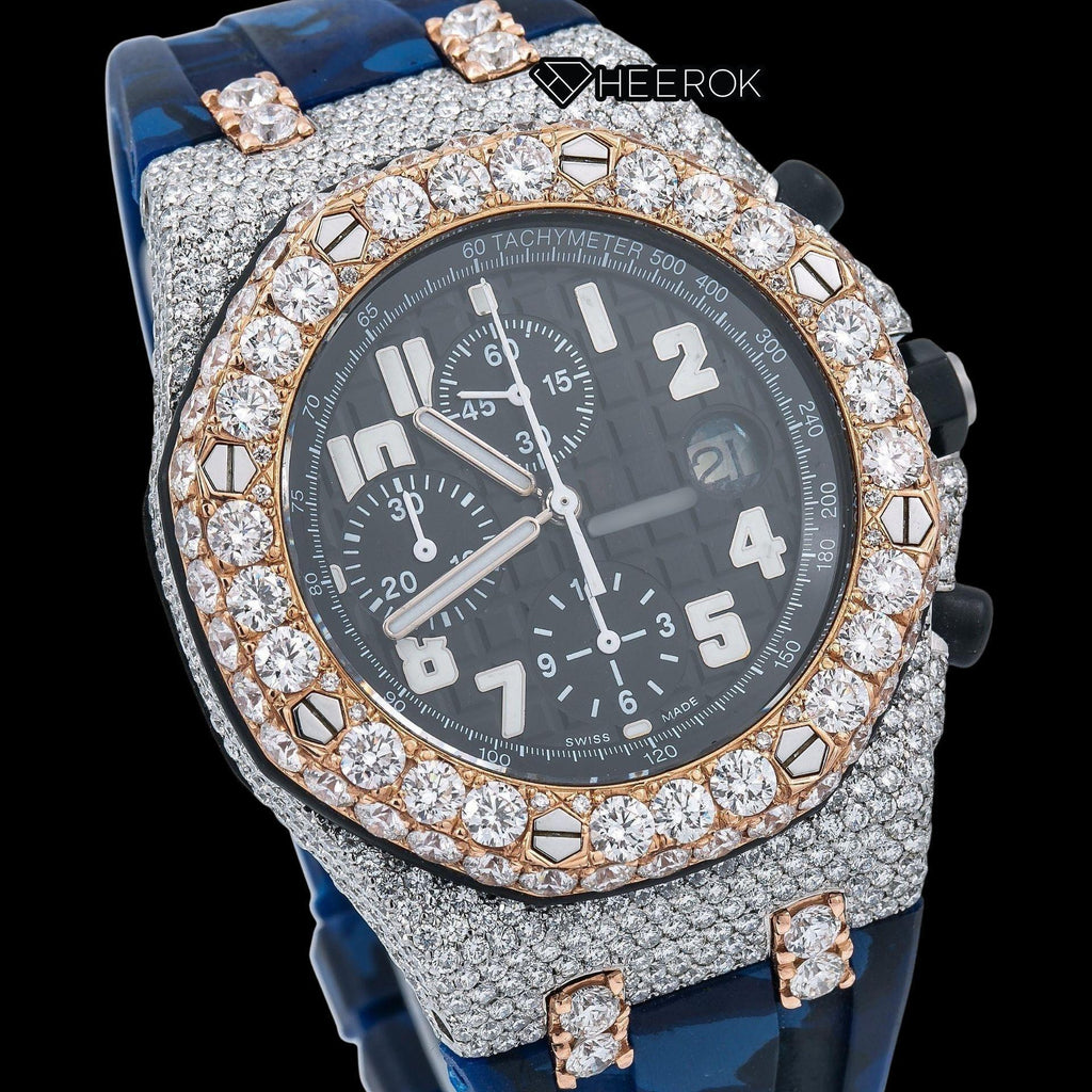 AP Royal Oak Offshore Chronograph Black Dial Standard Numerals Large Round Diamond Rose Gold Bezel Blue Camouflage Rubber Strap Semi Iced Out Moissanite Watch