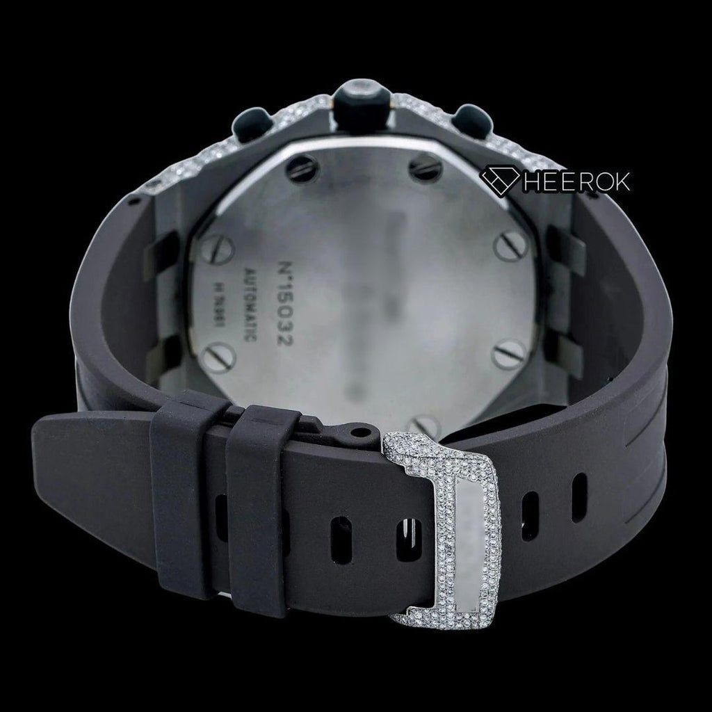 AP Royal Oak Offshore Chronograph Diamond Dial Black Standard Numerals Large Round Diamond Bezel Black Rubber Strap Semi Iced Out Moissanite Watch