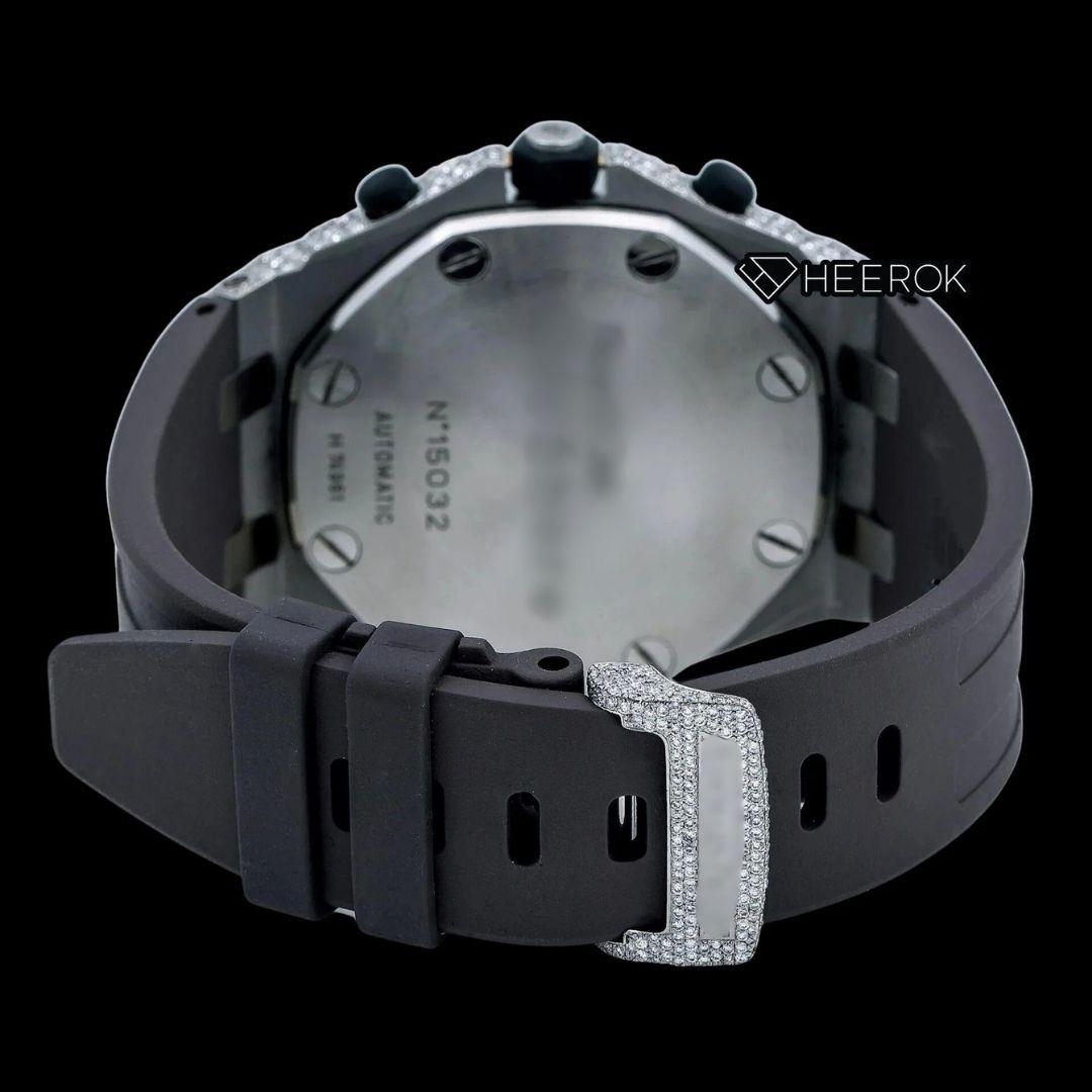 AP Royal Oak Offshore Chronograph Diamond Dial Black Standard Numerals Large Round Diamond Bezel Black Rubber Strap Semi Iced Out Moissanite Watch