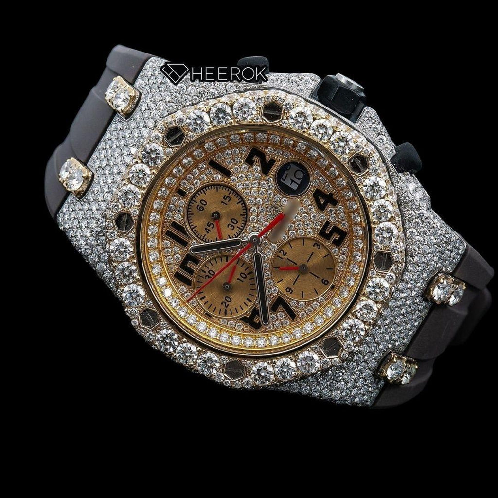 AP Royal Oak Offshore Chronograph Diamond Dial Black Standard Numerals Large Round Diamond Bezel Black Rubber Strap Semi Iced Out Moissanite Watch